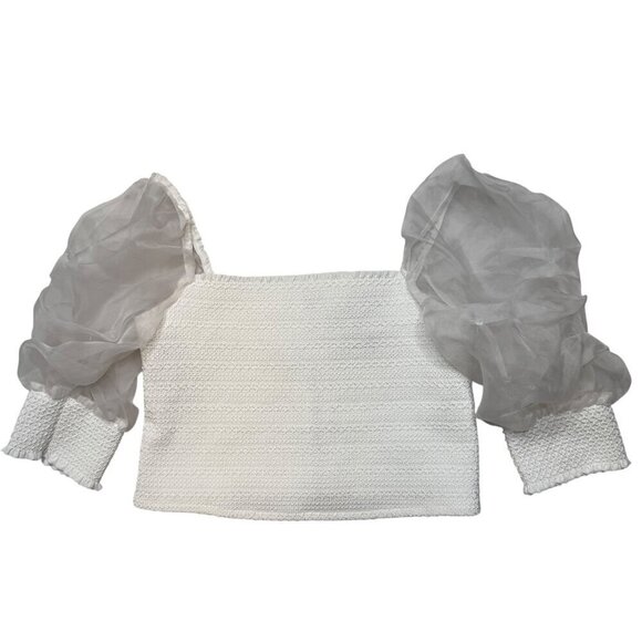 Alice + Olivia Tops - Alice + Oivia White Crop Top With Silk Puff Sleeves Sz L NWT Retail $330